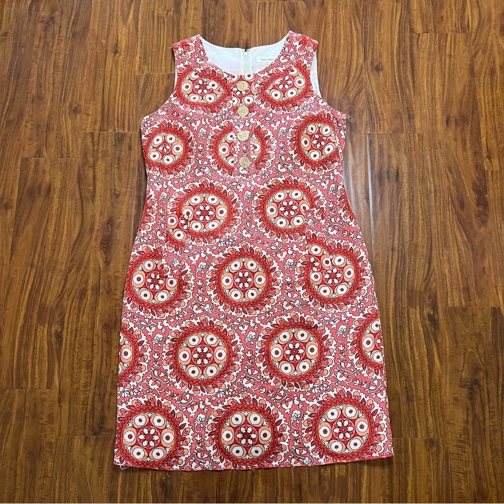 Vintage Calvin Klein Linen Blend Sleeveless Shift Dress Medallion Print size 12